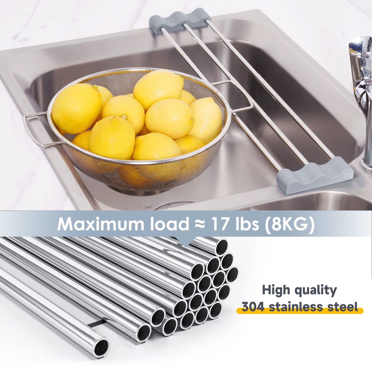 Tomorotec Adjustable Over-The-Sink Kitchen Rack for Dishcloths, Sponges, Bottles and Brushes - Heat-Resistant Stainless Steel with Slim, Expandable Design and Multifunctional Silicone Holder