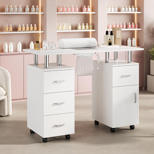 GAOMON Manicure Table with Dust Collector and Hand Rest for Makeup Beauty Spa Salon Station - Nail Desk for Nail Tech with Storage Cabinets Arm Rest, 4 Drawers and Lockable Wheels