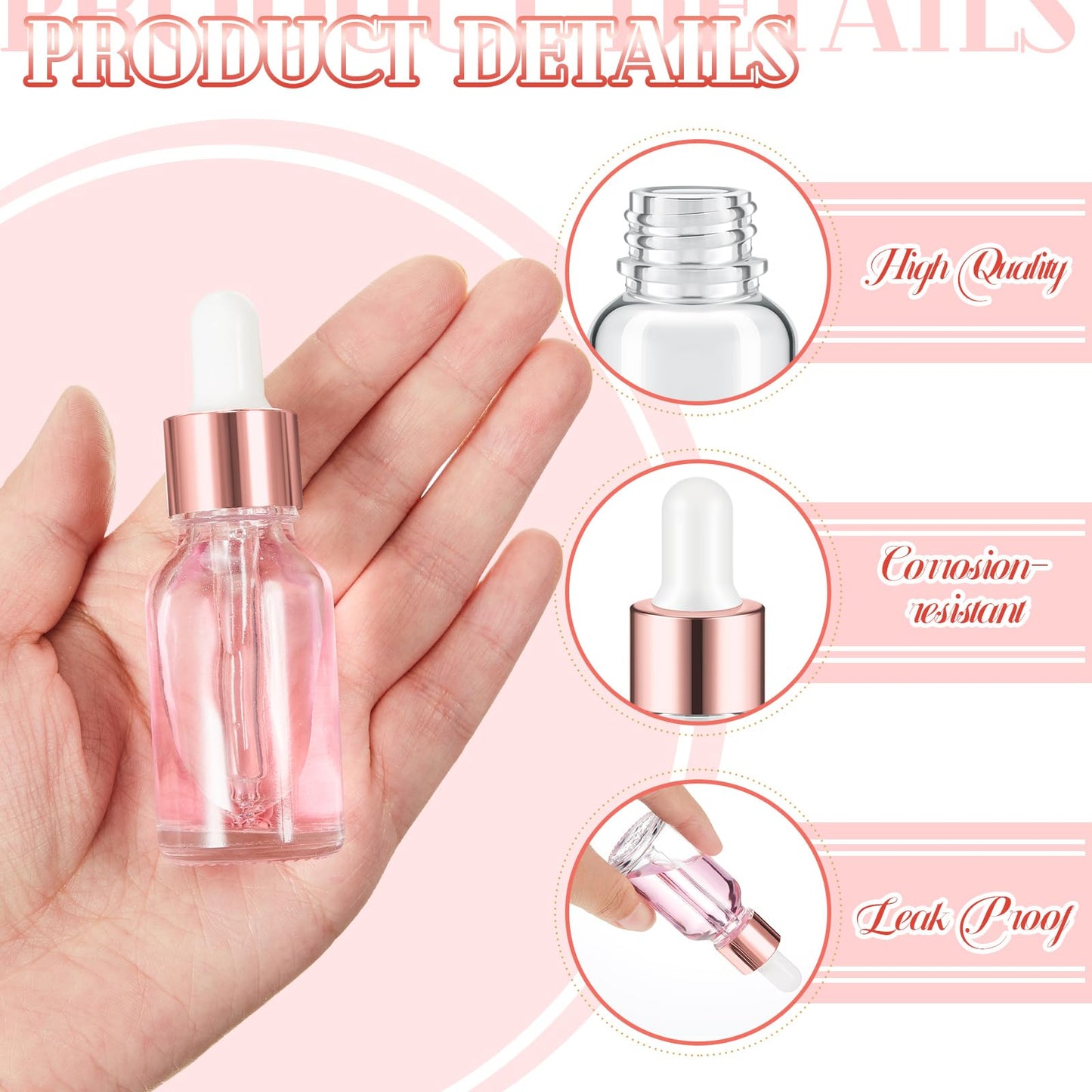 Didaey 200 Pcs 15 ml Mini Glass Oil Dropper Bottle Bulk, Clear Essential Small Empty Bottles Sample Containers Perfume Liquid Vials with Cap for Traveling (Rose Gold)