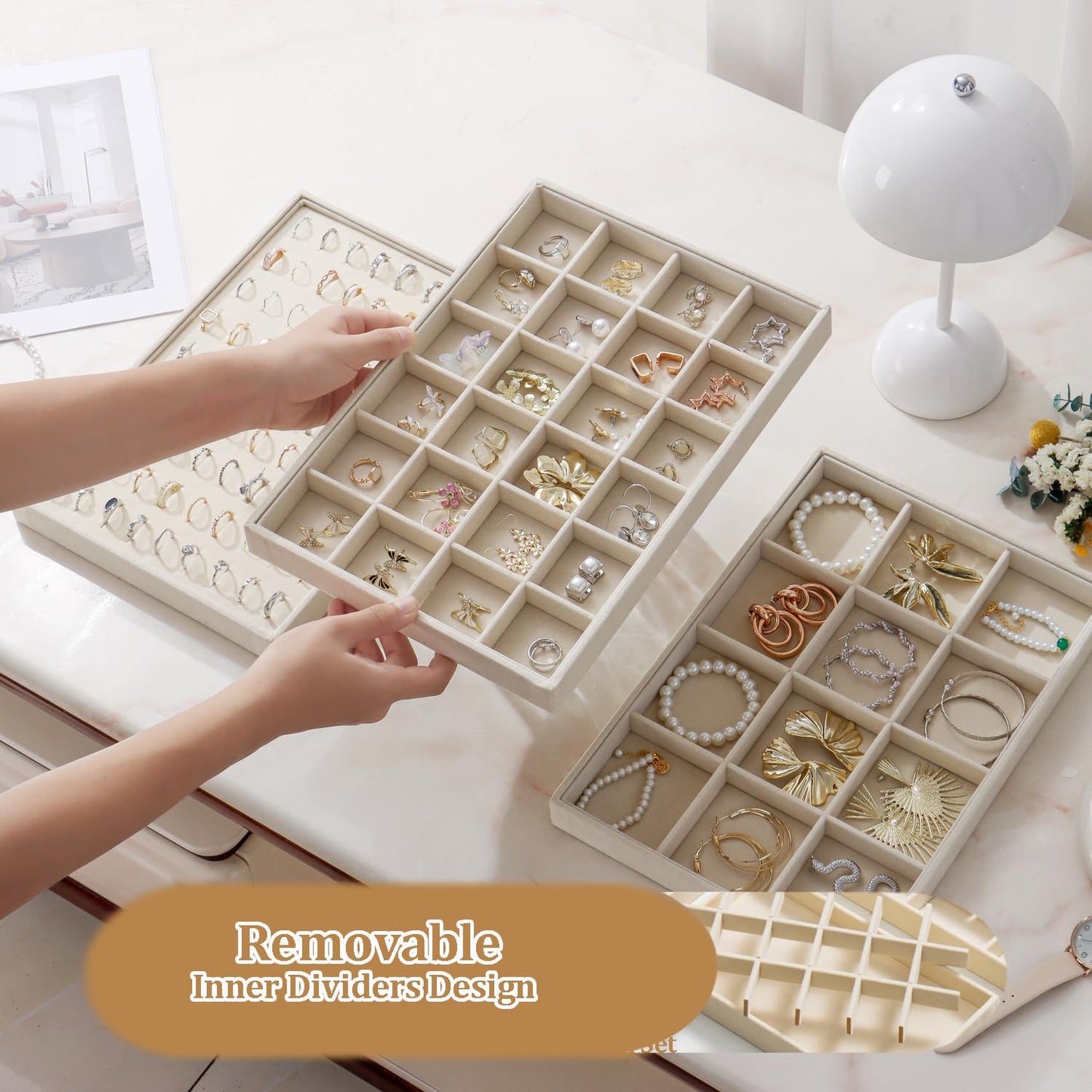 KATISYIO Large Velvet Jewelry Tray 2 Pack Stackable Jewelry Display Drawer Inserts Trays Organizer for Earring Bracelet Necklace Ring (Beige, 12 Grids+24 Grids)