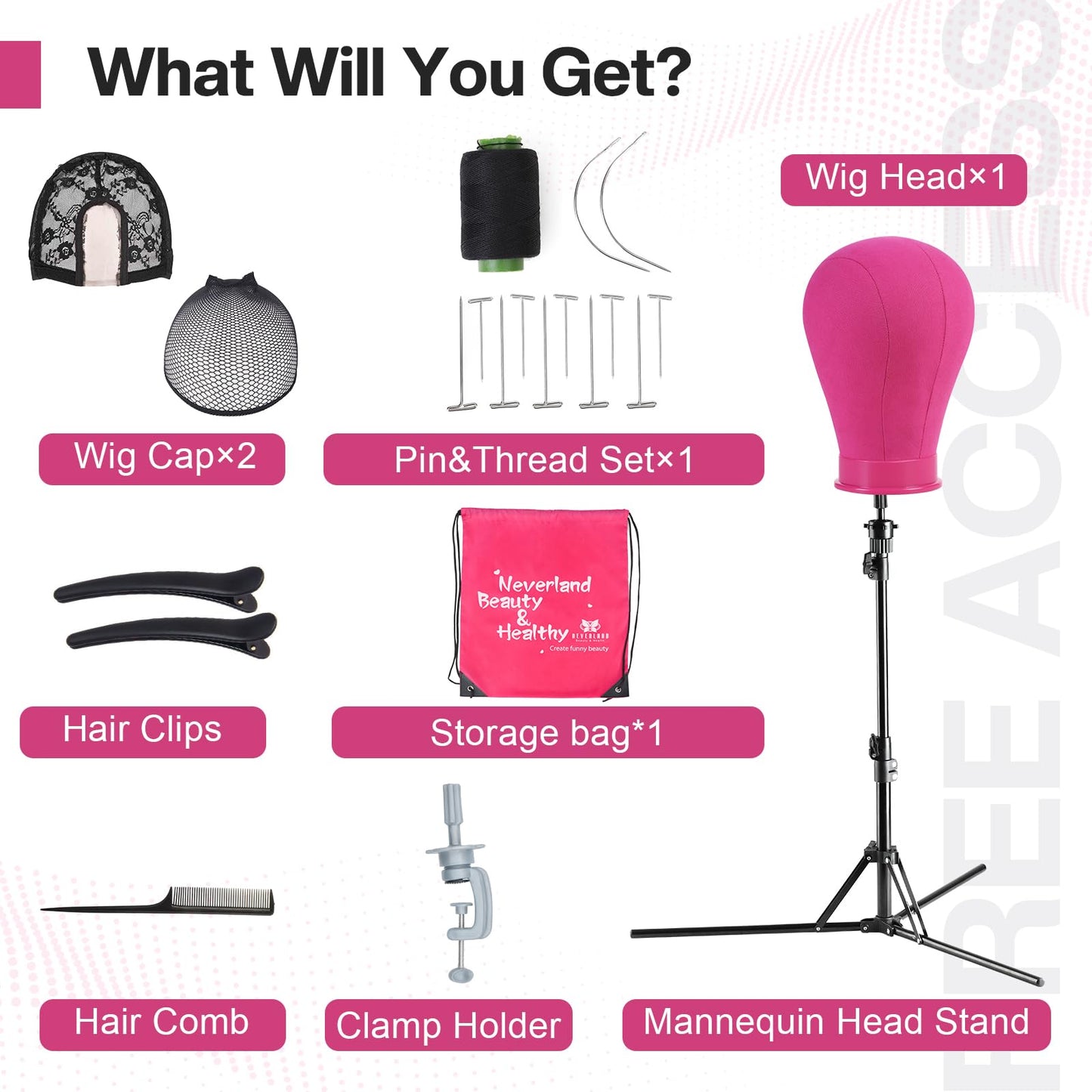 Neverland Beauty & Health 23 Inch Wig Head, Wig Stand Tripod with Head, Wig Head Stand with Mannequin Head for Wigs, Wig Stand with Head, Adjustable Tripod Manikin Head Set for Cosmetology(Rose Red)