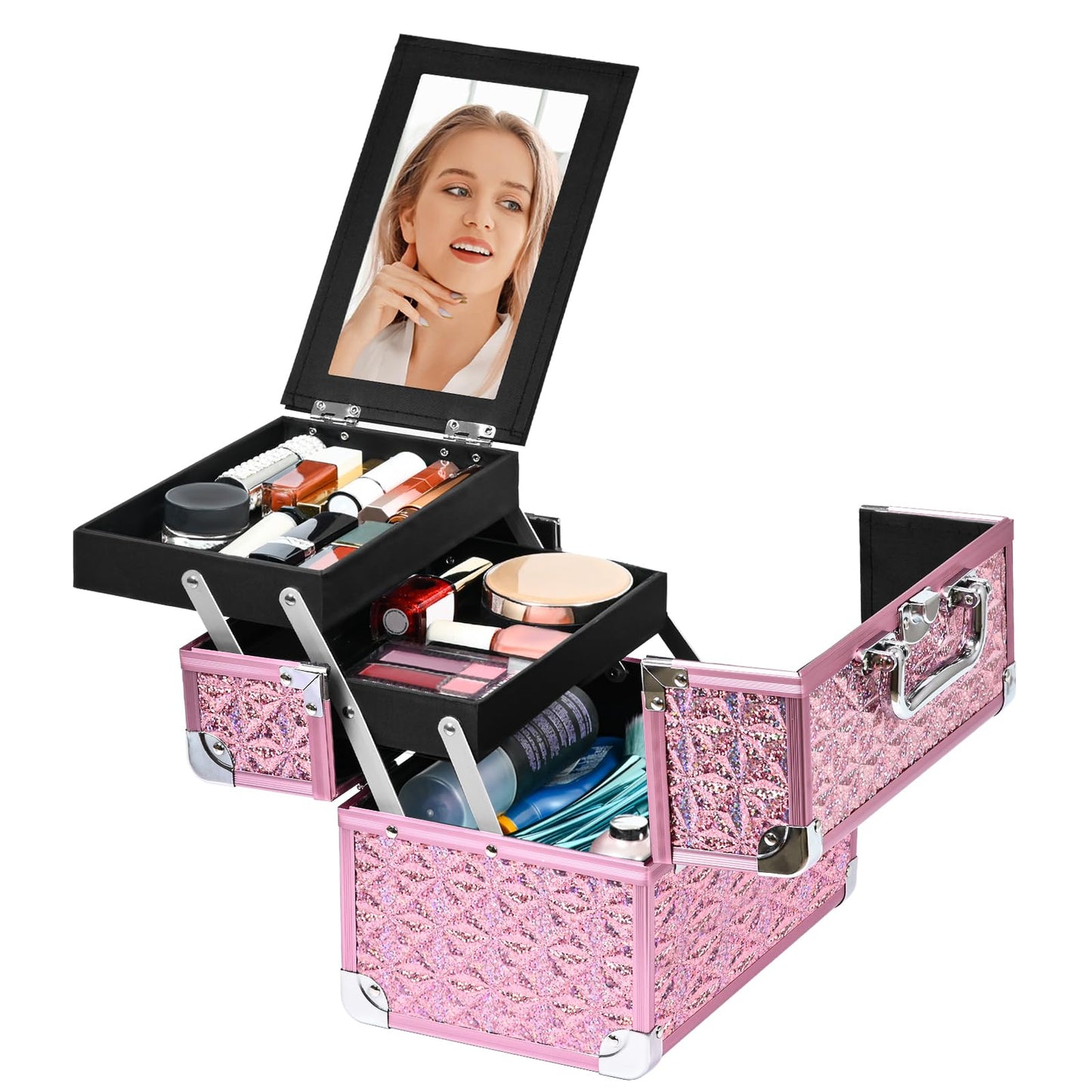 GALHUBIS Makeup Case Organizer,Makeup Train Case, Trays Cosmetic Box Portable, Profesional for Salon Barber,Pink