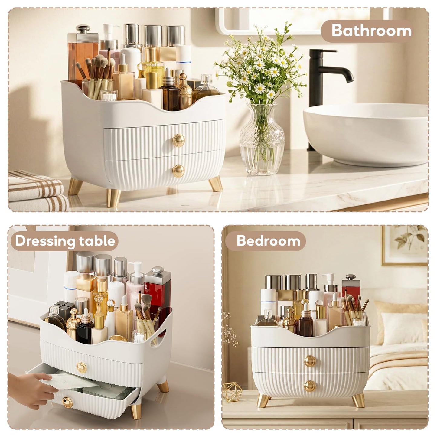 Makeup Organizer Countertop, Large Capacity Skincare Cosmetic Organizer for Vanity with 2 Drawers, Cosmetic Display Cases Makeup Storage Box for Bedroom, Bathroom, Ideal Gifts for Women(White)