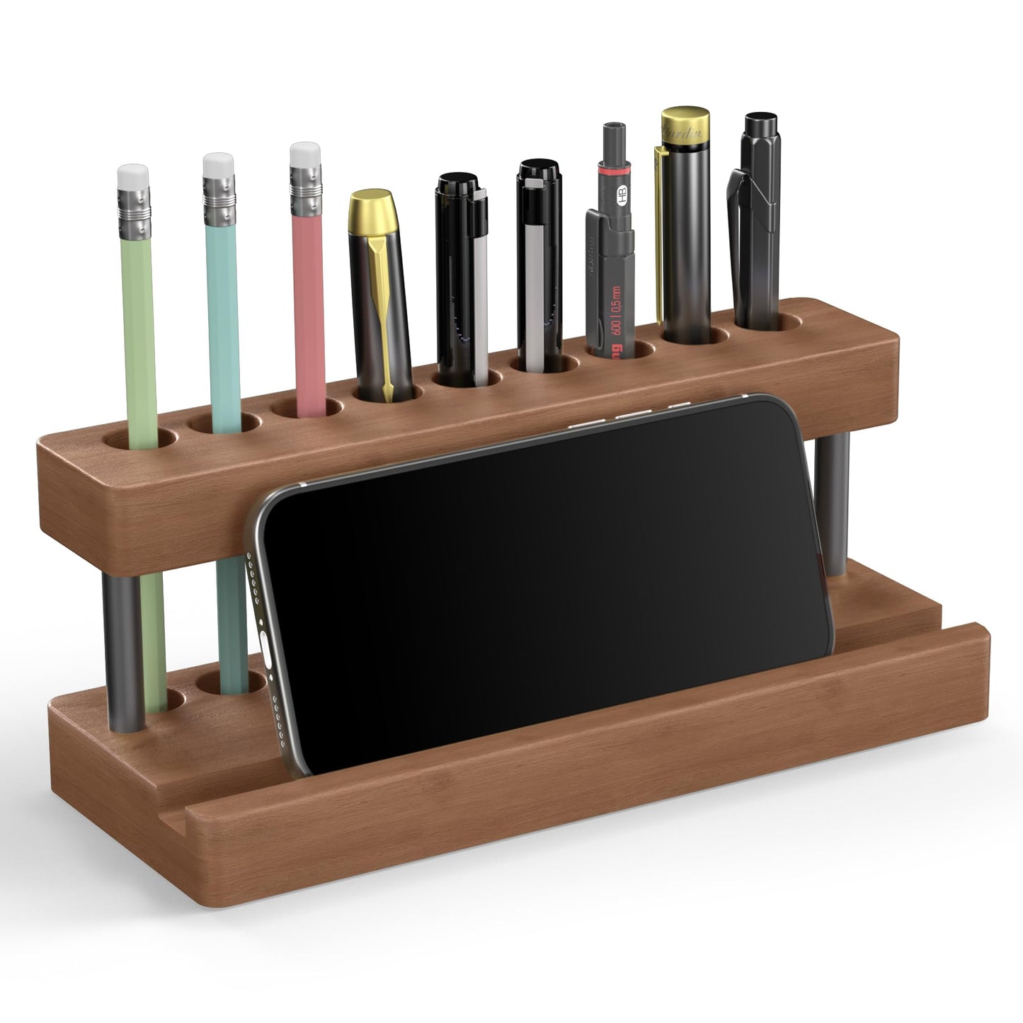 Cewomuc Wooden Holder for Office Desk, Solid Wood Pen Display Stand With 9 Slots and Cell Phone Holder, Aesthetic Pen Organizer for Minimalist Office Desk Decor (Wood+Black)