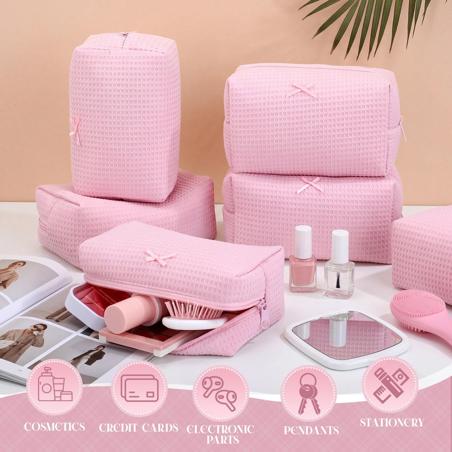 Gilprop 6 Pcs Makeup Bag Gifts for Women Cute Aesthetic Cozy Portable Travel Waffle Toiletry Bag Soft Wedding Cosmetic Organizer Summer Large Zipper Pouch with Zipper for Bridesmaid Friend(Pink)