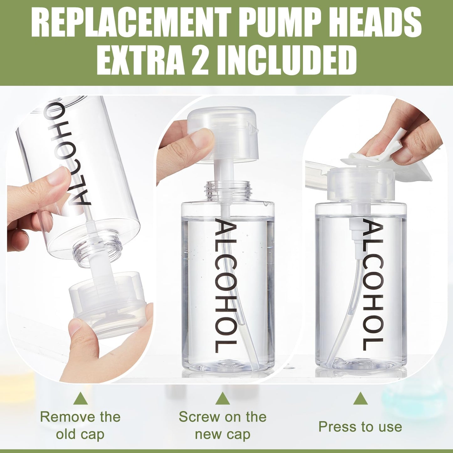 Layhit 2 Pcs 10 oz / 300 ml Alcohol Pump Dispenser Bottle with Extra 4 Pump Heads, Refillable Push Down Liquid Container for Salon, Nail Care, Hospital and Personal Use