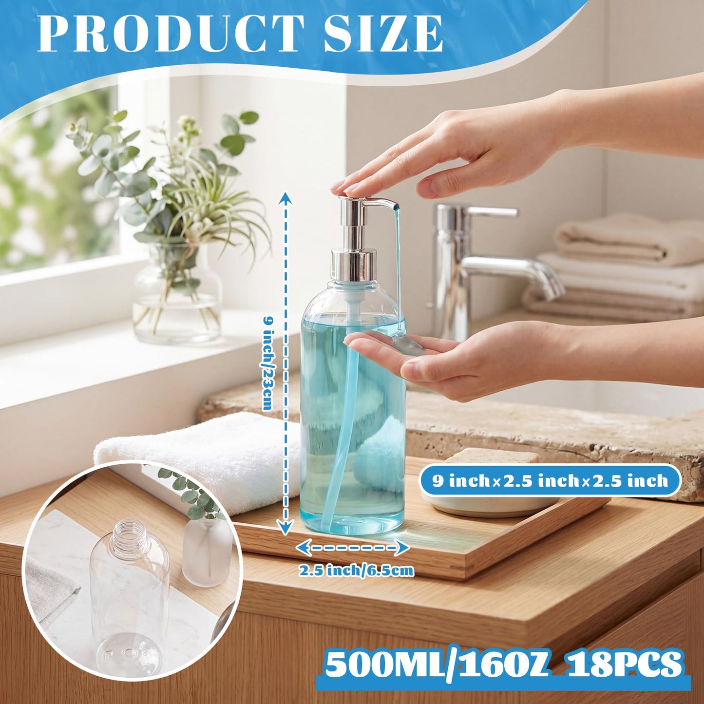 Domensi 18 Pcs 16 oz Clear Plastic Soap Dispenser Bottles with Pump, Refillable Foaming Soap Dispenser, Portable Shampoo Cylinder Bottles for Lotion, Shampoo, Kitchen, Bathroom & Travel Use