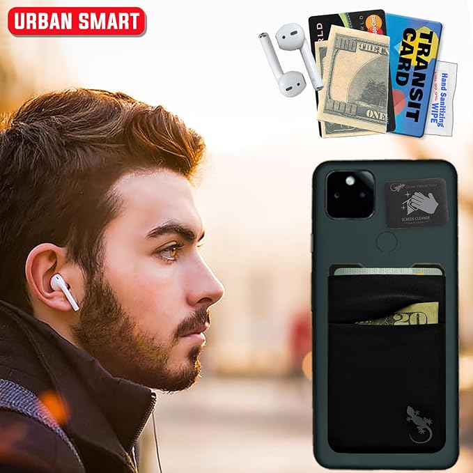 Gecko Travel Tech Mobile Phone Double Pocket Wallet Stick on with Stand - Cellphone Accessories case - Phone Card Holder with Stick on - (Black-Gray)