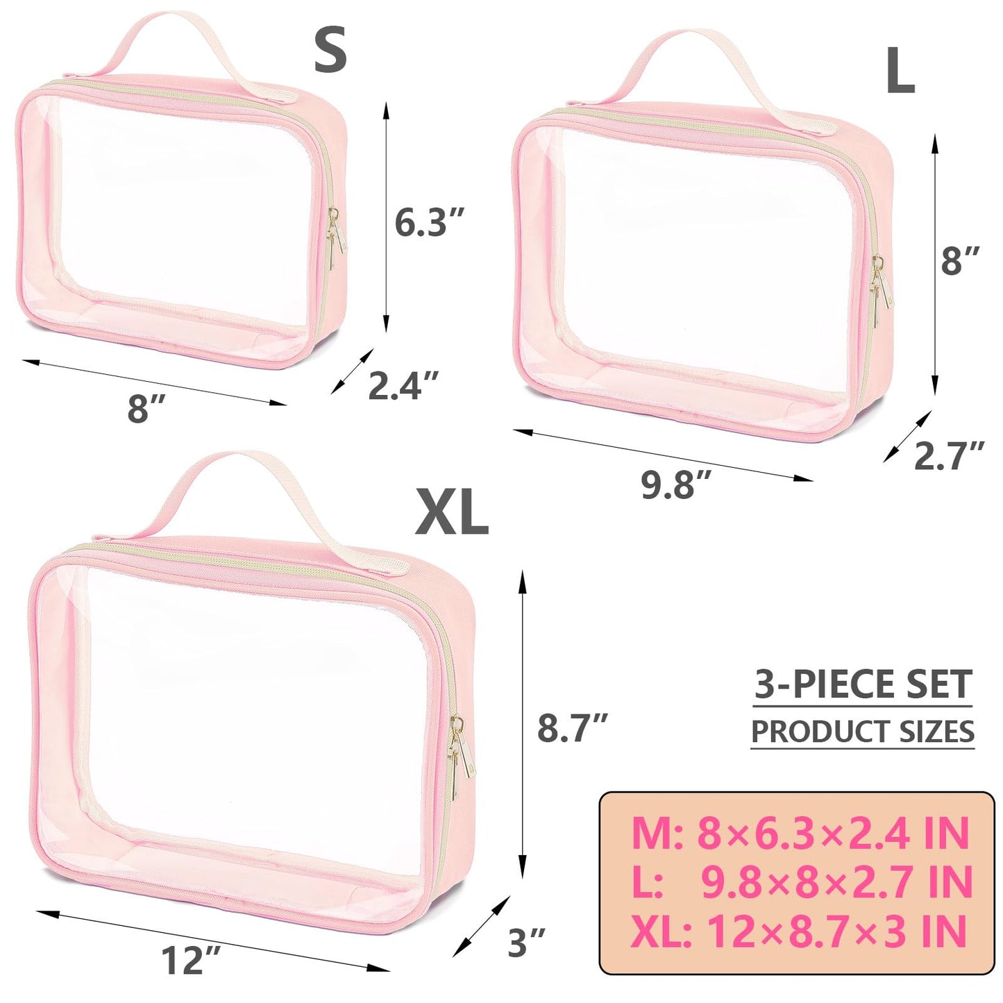 TREALDATE 3 Set of Clear Travel Bags for Toiletries,Clears Makeup-Bag Quart Size Travel Bag, Pink
