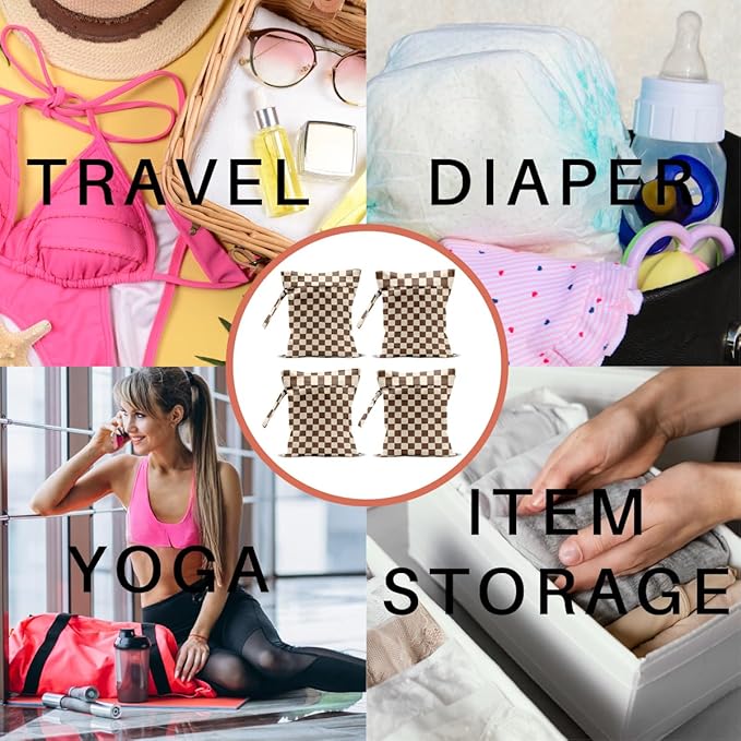 4 Pack Cute Wet Bag Waterproof Washable Reusable Wet Dry Bag for Swimsuit Clothes Cloth Diaper Travel Beach Pool Yoga Gym Thanksgiving Party Camping Toiletries Travel Beach Essentials,Brown Checkered