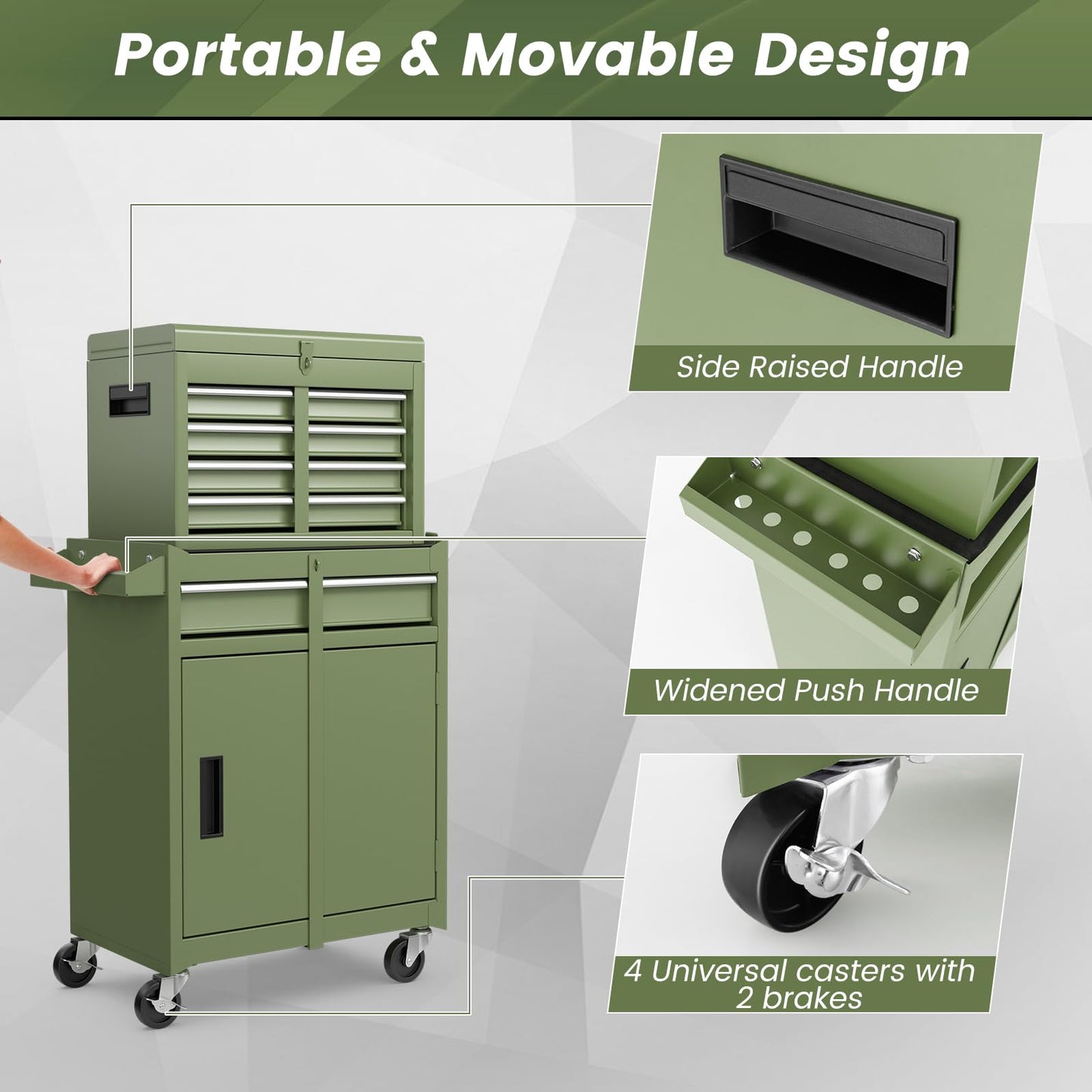 ERGOMASTER 5-Drawer Rolling Tool Cabinet with Detachable Top Toolbox, Lockable Wheels, Lock Bar, Protective Liner & Tool Rack, Metal Tool Storage Cart for Garage Workshop-Green