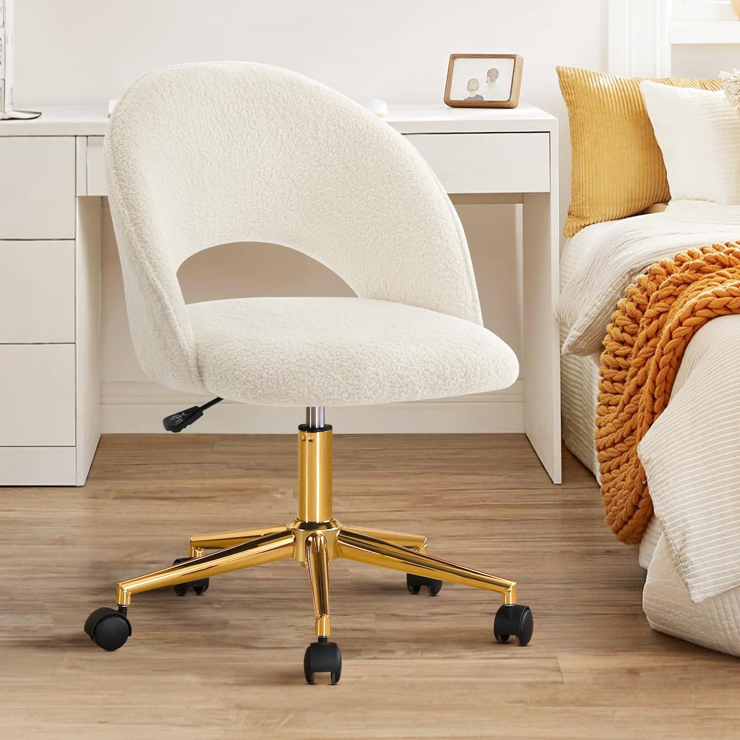 Vanity Chair with Back, Cute Office Desk Chair with Wheels for Girls, Upholstered Armless Accent Chair with Gold Metal Height Adjustable Soft Sherpa Fabric for Living Room/Makeup Room/Bedroom,White