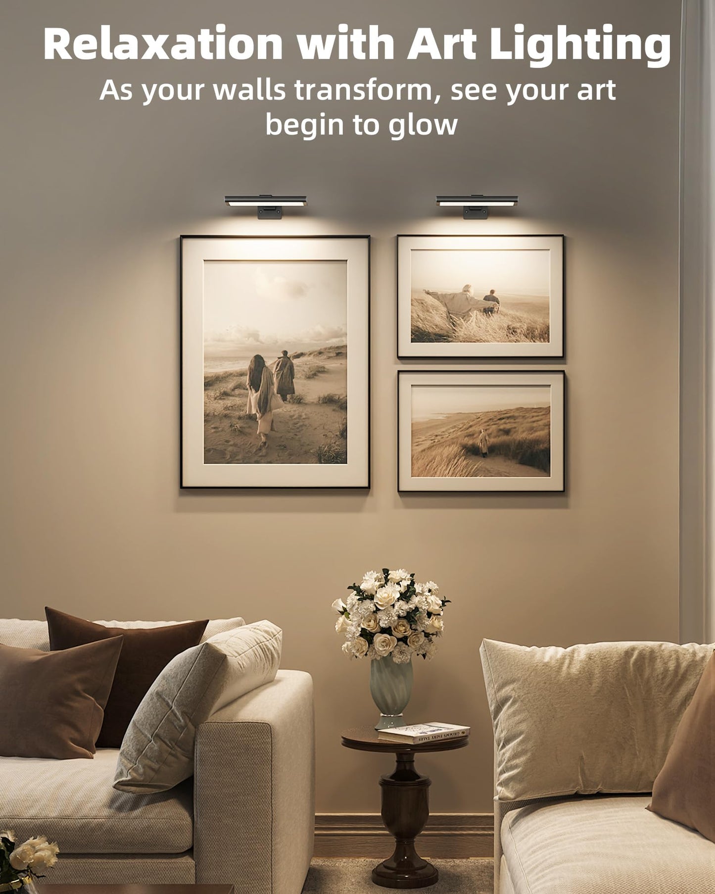 EZVALO Picture Light for Wall, Rechargeable 2400mAh Lights Wireless with IR Remote, 3 Color & Dimmable Magnetic 7.87'' LED Lights Display for Painting, Living Room, Gallery, Bedroom Art(Black-2P)