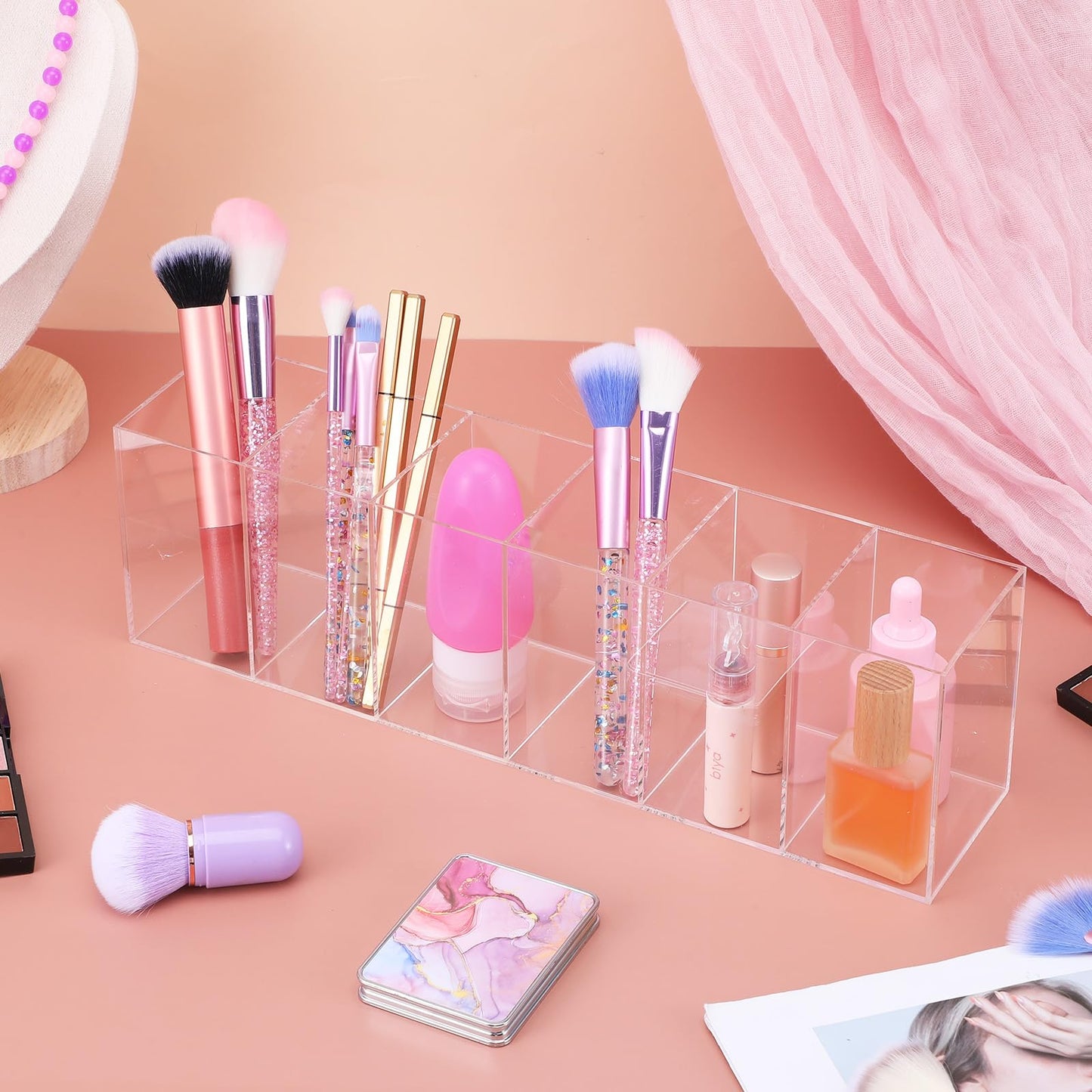 Xaajooio 2 Pcs Acrylic Makeup Brush Holder and Pencil Organizer, 6 Compartments Clear Pen Holder for Desk, Office, Bathroom, Kitchen and Cosmetic Brushes Storage