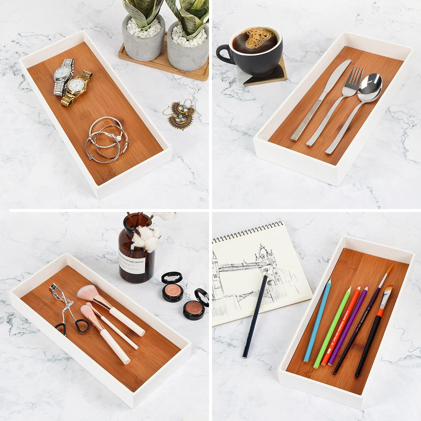 J JACKCUBE DESIGN Leather Bamboo Vanity Tray, Bathroom Organizer, Catch All Valet Tray for Women Perfume, Jewelry, Makeup, Candles, Key, Phone, Sunglasses (White)- MK205B
