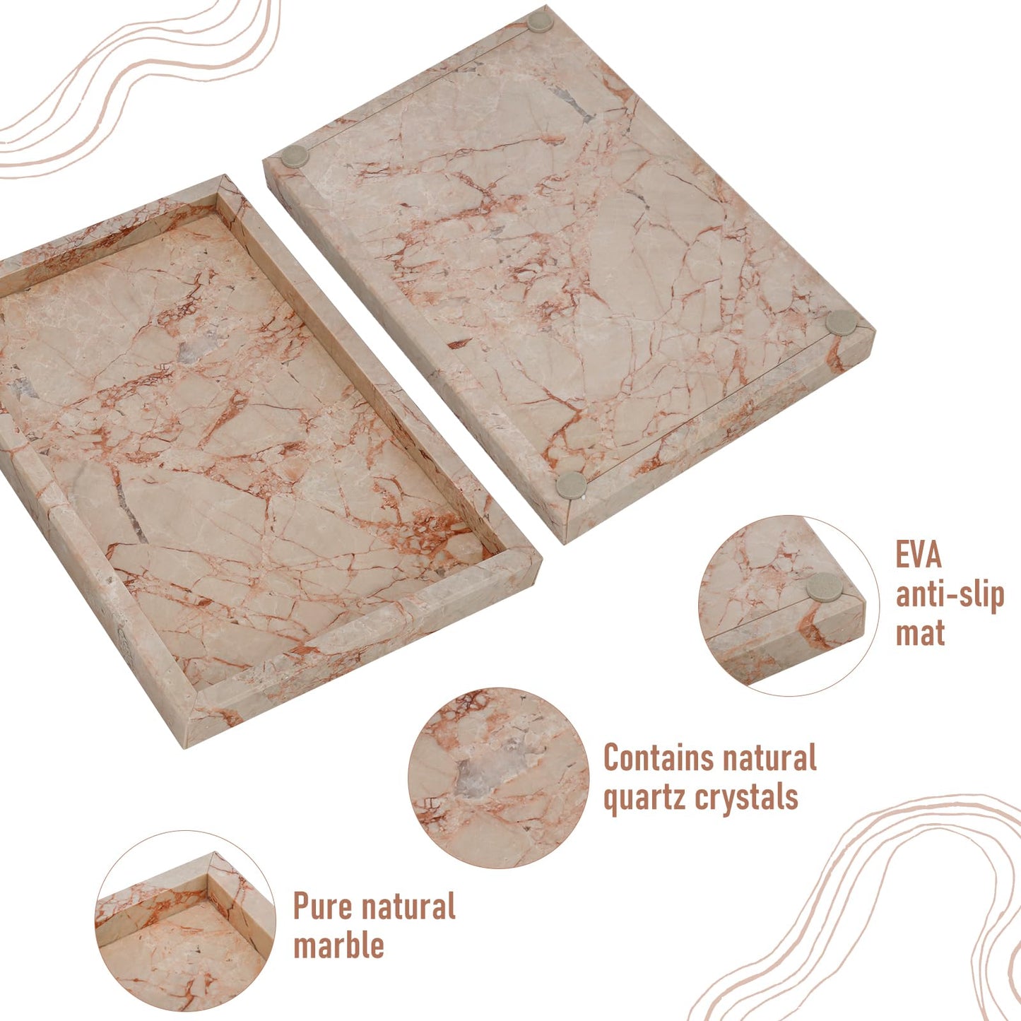MULWR Marble Bathroom Tray,Pure Natural Vanity Tray,Marble Trays for Kitchen Counter Non-Ceramic/Non-Resin,Stone Tray 12 x 8 inch (Pink) ﻿