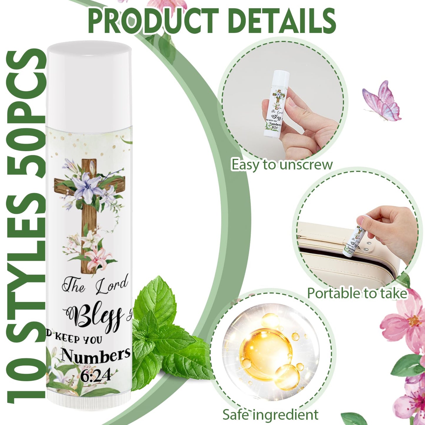 50 Pcs Bible Verse Lip Balm Bulk Christian Gifts for Baby Shower Faith Religious Inspirational Party Favors Scripture Moisturizing Lip Care Appreciation Gift for Mom Teacher Nurse