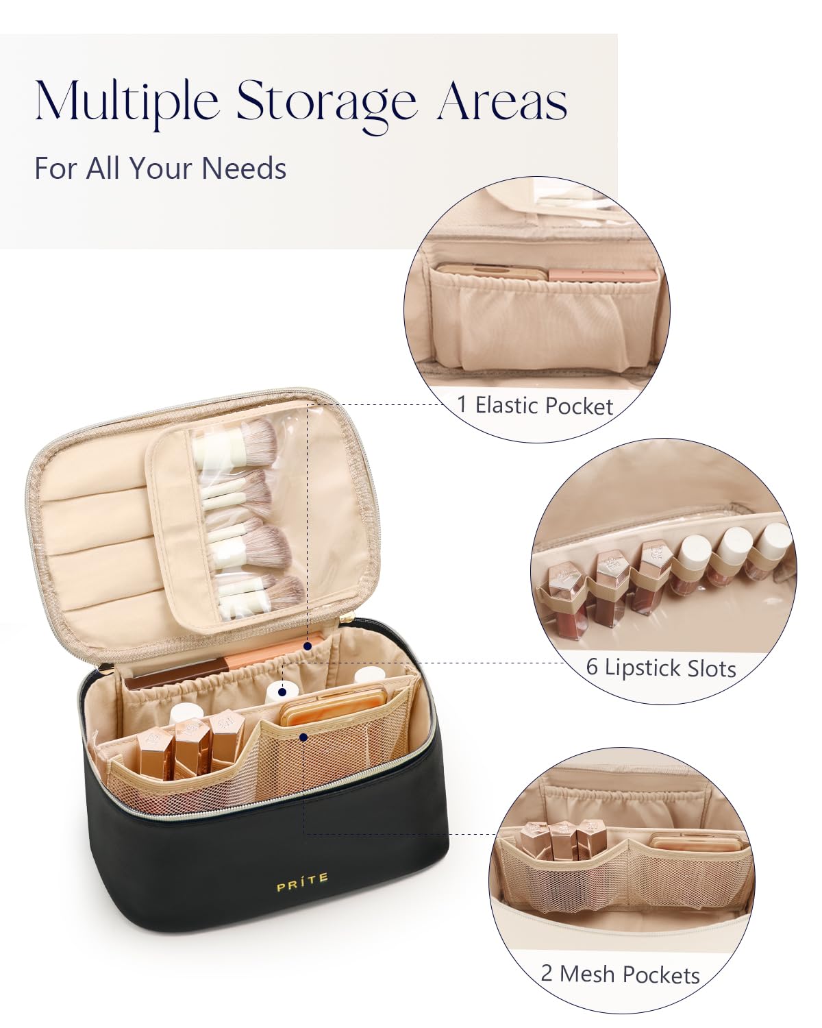 Prite Makeup Bag, Large Capacity Cosmetic Bag for Women and Girls, Waterproof PU Leather Travel Makeup Case, Toiletry Organizer with Handle and Divider for Skincare and Brushes - Black Set