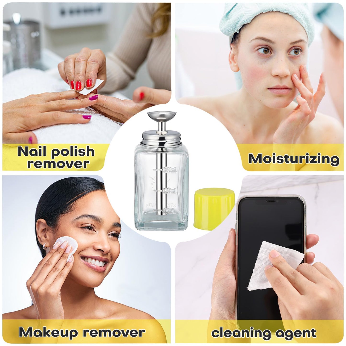 Noverlife 2PCS 6Oz / 180ml Clear Acetone Dispenser with Cap, Square Glass Nail Polish Remover Pump Alcohol Dispenser Alcohol Bottle, Refillable Push Down Pump Bottle for Makeup Remover