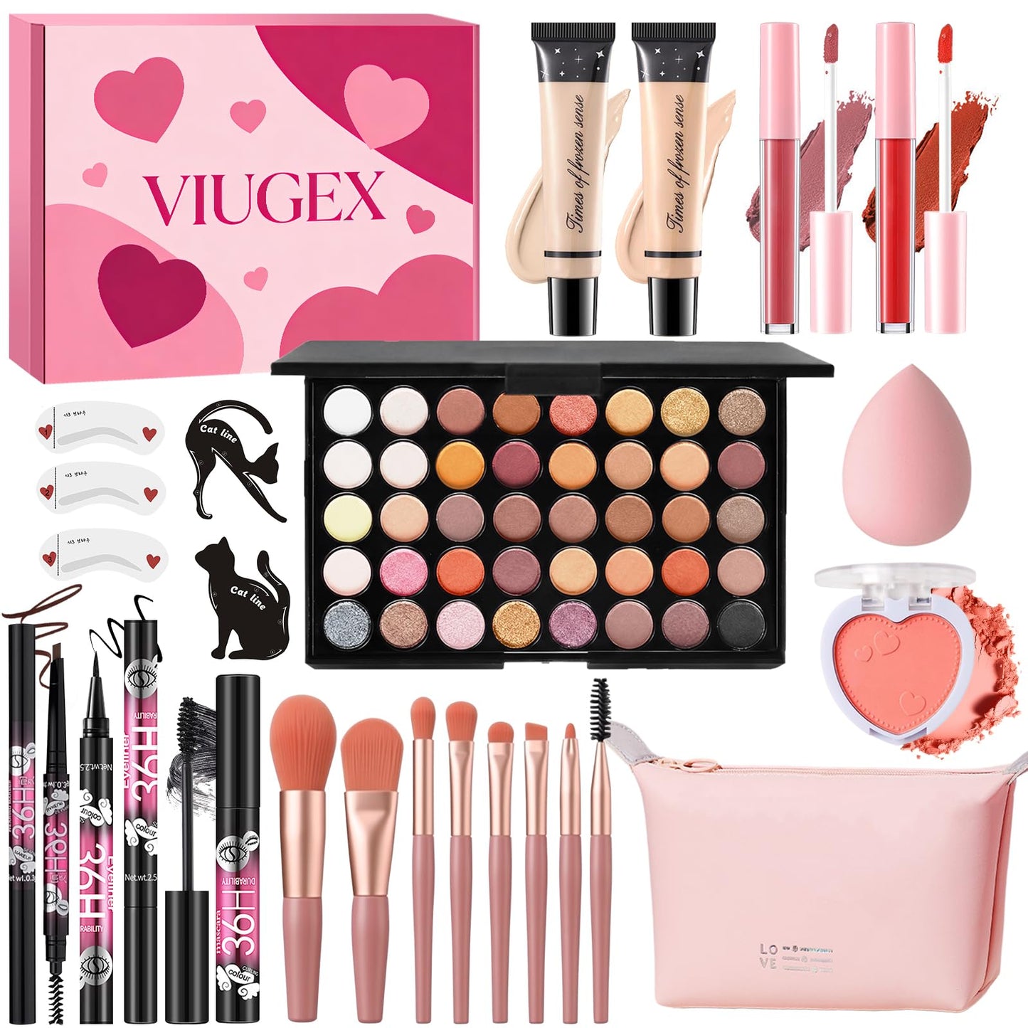 All in One Makeup Kit for Women Full Kit, Make Up Gift Set for Women Teen Girls, Makeup Essential Bundle with Eyeshadow Palette Foundation Blush Lipgloss Eyeliner Mascara Eyebrow Pencil Cosmetic Bag