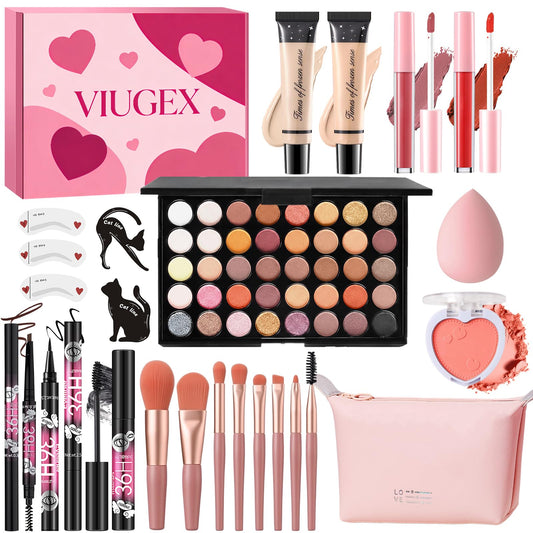 All in One Makeup Kit for Women Full Kit, Make Up Gift Set for Women Teen Girls, Makeup Essential Bundle with Eyeshadow Palette Foundation Blush Lipgloss Eyeliner Mascara Eyebrow Pencil Cosmetic Bag