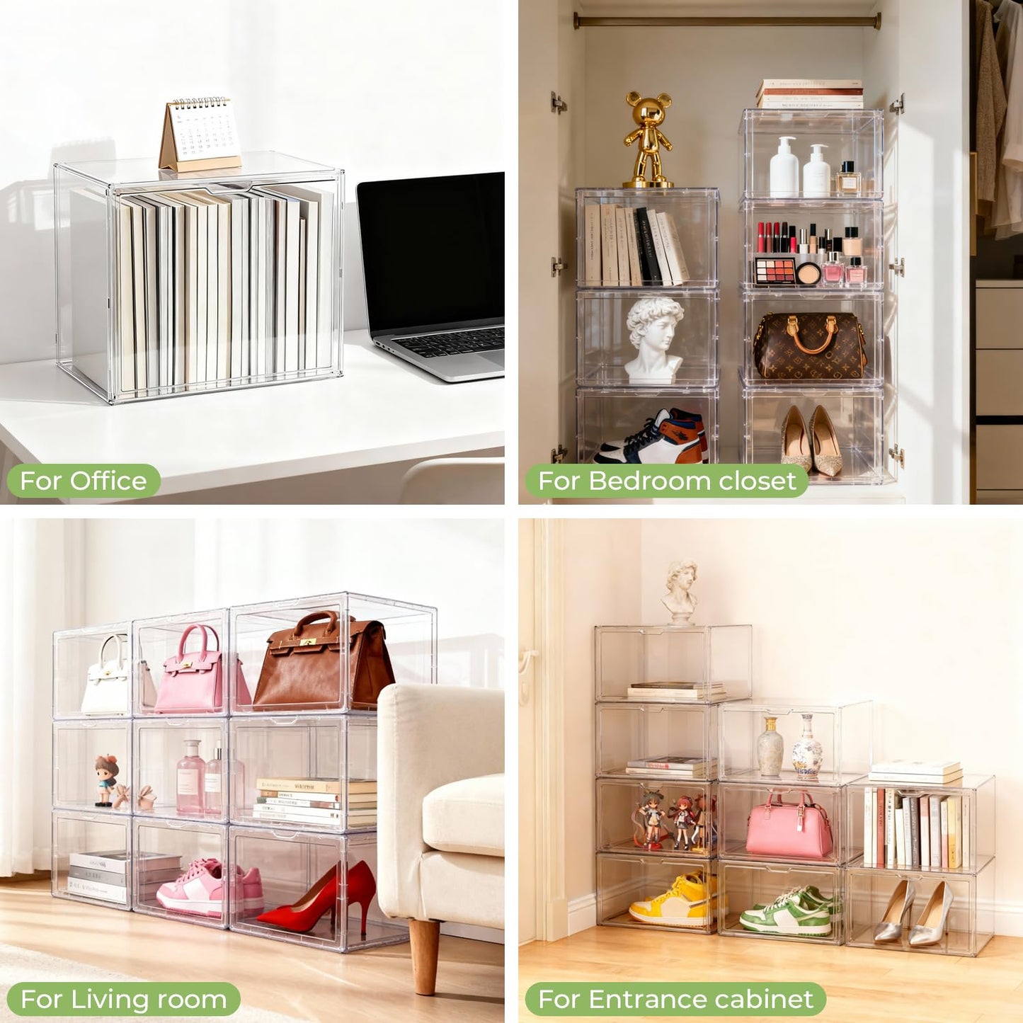 Clear Stackable Storage Bins, Acrylic Display Case, Acrylic Boxes with Lids, Magnetic Lid Storage Bins for Handbags & Purse, Large Figures Collectibles, Storage Box for Home Organization(3 Pack)