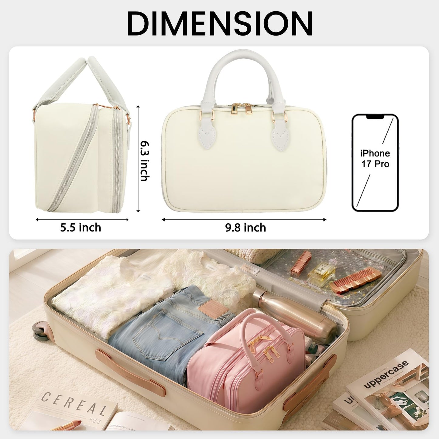 Travel Makeup Bag for Women Fashion Large Capacity Pouch Open Flat Cosmetic Portable Organizer Waterproof Large Opening Storage Toiletry Bags Vertical Free-Standing Brush Holder for Easy Access Beige