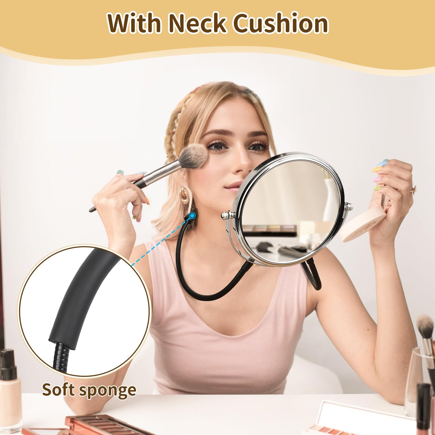 Double-Sided Mirror to See Back of Head, Hands Free Adjustable Mirrors Hung Around The Neck, Two Way Mirror for Women Man Makeup, Self Haircut, Standard Viewing and 5X Magnification 360° Mirrors