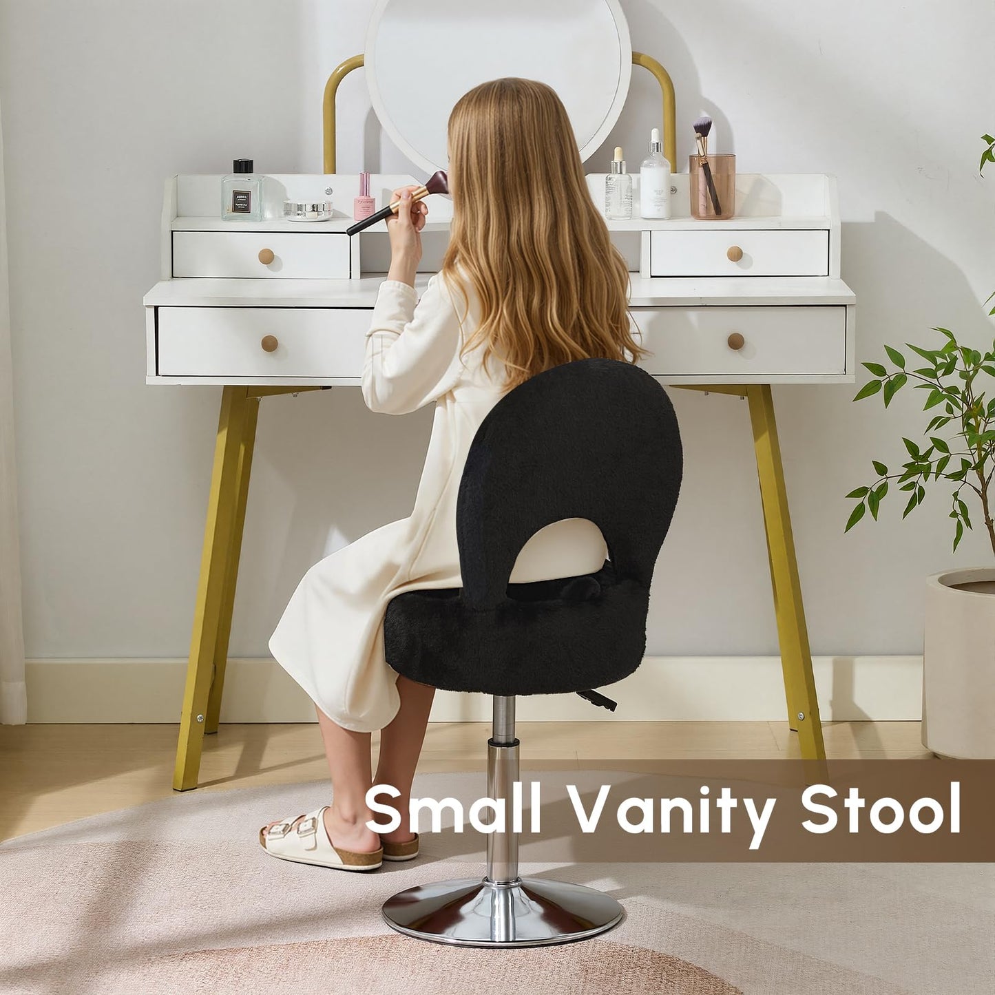 RUCUKEN Small Black Vanity Stool Chair with Storage Ottoman Adjustable Vanity Chair with Folding Back, Makeup Ottoman Stool for Vanity Chrome Finish