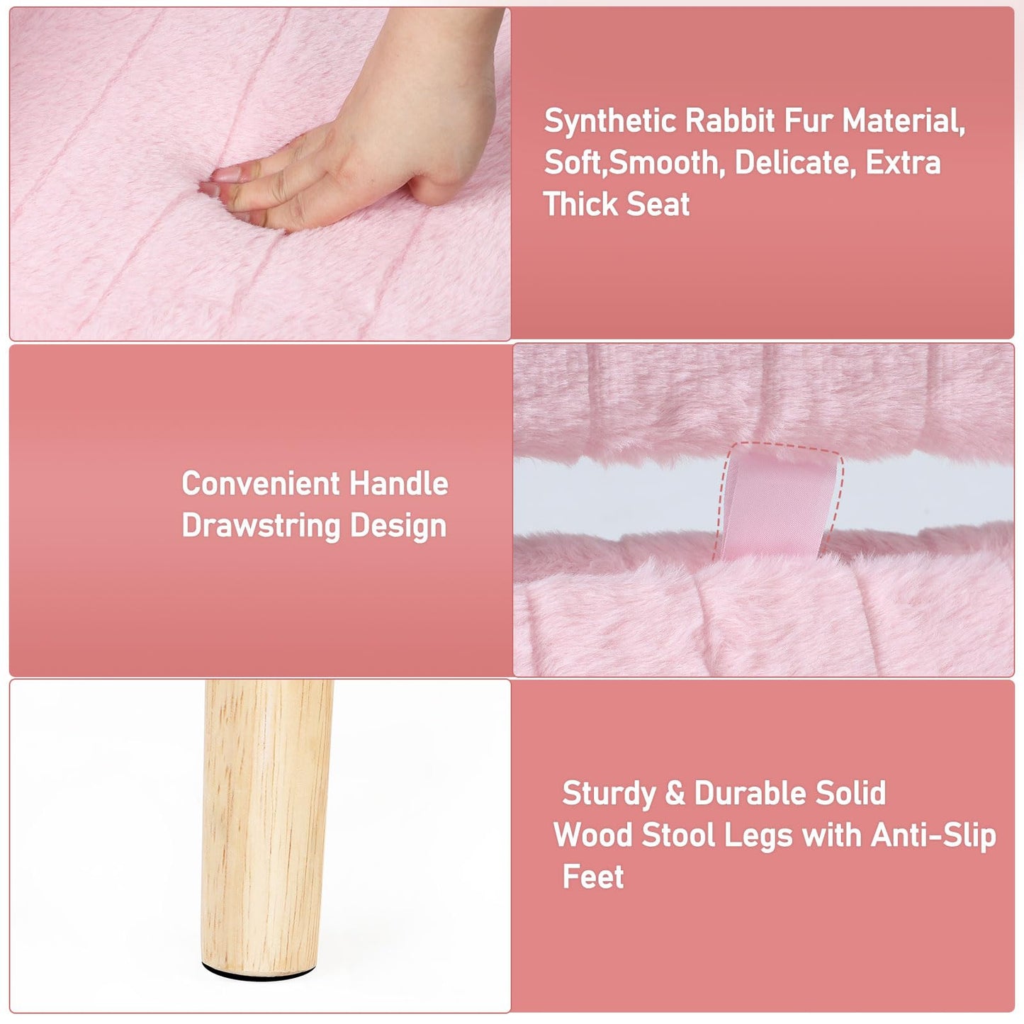 Small Vanity Stool Chair with Storage & Folding Back, Faux Rabbit Fur Soft Padded Seat Ottoman, 4 Solid Wood Legs Anti-Slip Feet, Stool for Vanity Desk for Makeuproom, Bedroom 12.9”x11.8”x27.9”（Pink）