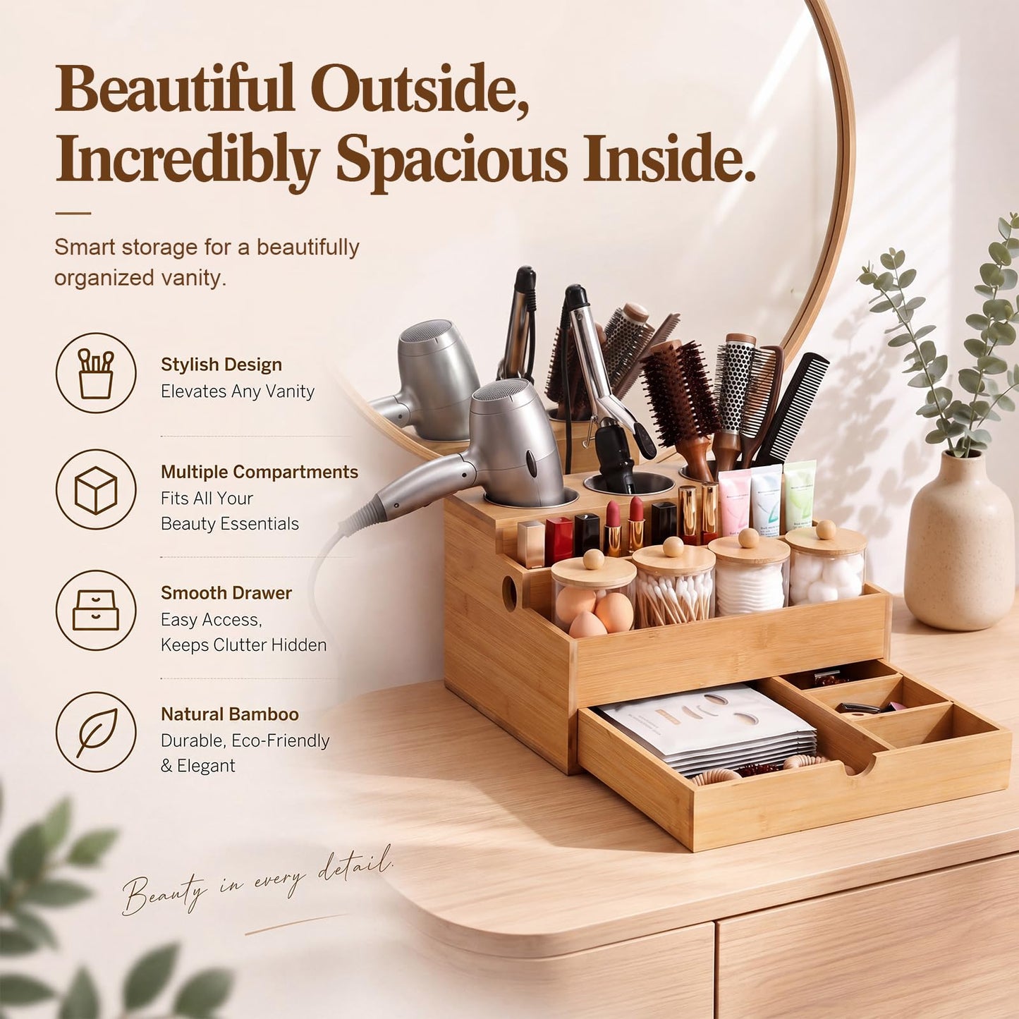 Havawish Hair Tool Organizer with Drawer Bamboo Bathroom Countertop Organizer with 4 Plastic Cotton Ball Holder Countertop Blow Dryer Holder Vanity Caddy Storage Stand for Hair Accessory, Makeup