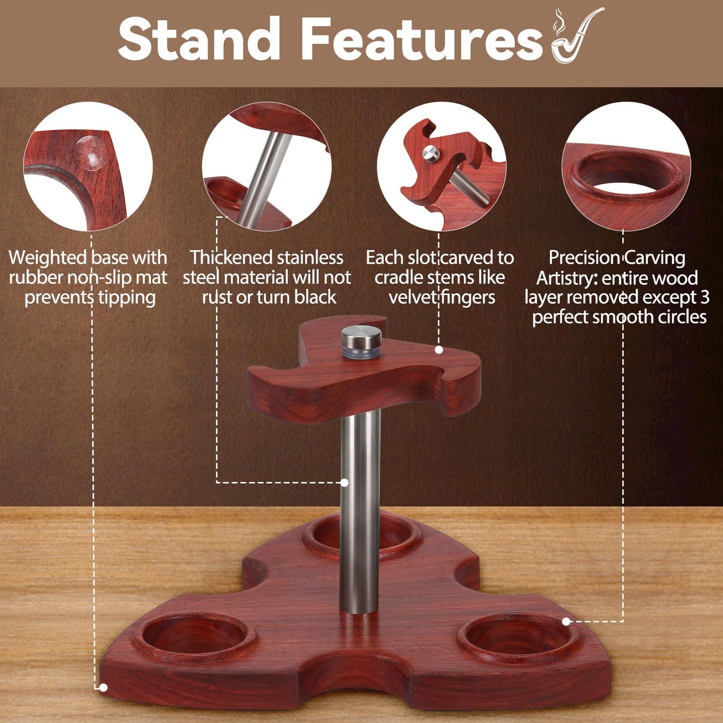 Solid Natural Rosewood Tobacco Smoking Pipe Stand Holder for 3 Pipes, 3 Slots Embossed Circular Slot, Non-Slip Rubber Feet, Easy Tool-Free Assembly, Ergonomic Shape Tabletop Display Rack for Pipe Smoker Collector Storage