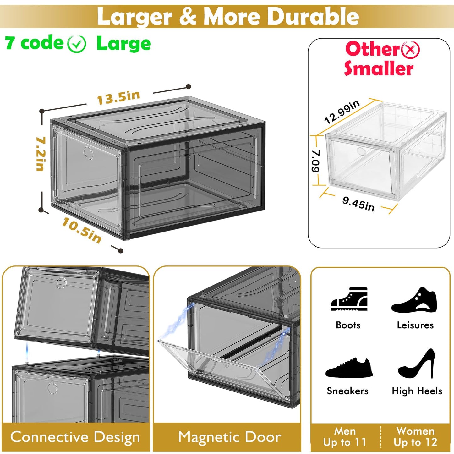 7 code Thicken & Sturdy Clear Shoe Storage Organizer with Magnetic Door, Stackable Boxes for Closet, Foldable Shoe Rack for Sneaker Boot Container, Plastic Shoe Cabinet Shoe Box 6 Pack, Black