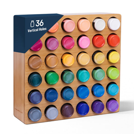 TIKSPCAE Bamboo Craft Paint Storage Organizer,36-Hole Vertical Paint Rack Stand for 2oz Craft & Acrylic Paints,Stackable Modular Storage Solution for Home, Classroom, and Office