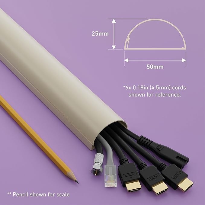 D-Line Half Round Cord Hider, Patented Cable Cover, Hide TV Wall Mount Wires, Raceway for Cords, Decorative Wire Covers, Paintable, Adhesive Cable Concealer, 2in W x 1in H x 39in L, Beige
