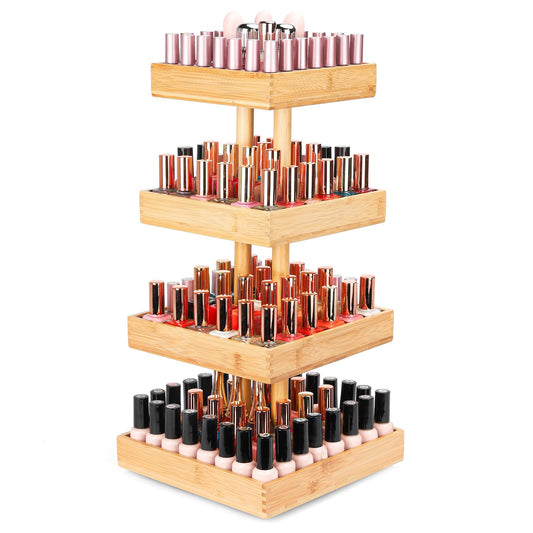 Homde Nail Polish Display Stand and Storage: 360 Degree Rotating Bamboo Rack Organizer, 4 Tier Makeup Holder for Fast Access on Countertop or Vanity for Girls & Women,Brown