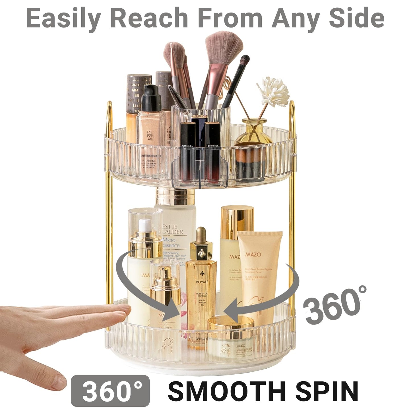 Asayuee 360 Rotating Makeup Organizer,2 Tier Large Capacity Make Up Organizers and Storage,Skincare Perfume Vanity Organizers,Bathroom Cosmetics Storage Organizer Countertop(Clear)