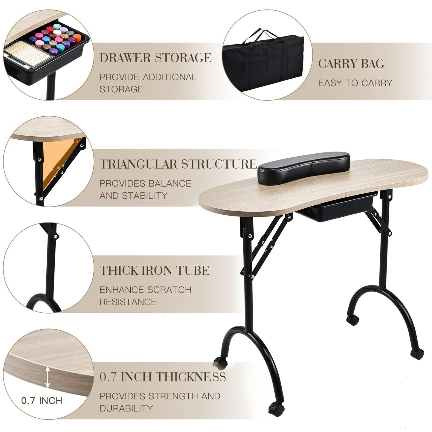 Joligrace Professional Foldable & Portable Manicure Table Nail Technician Desk Workstation 4 Lockable Wheels with Drawer Client Wrist Pad Free Carrying Bag Travel Nail Tech Spa Beauty Table Wooden