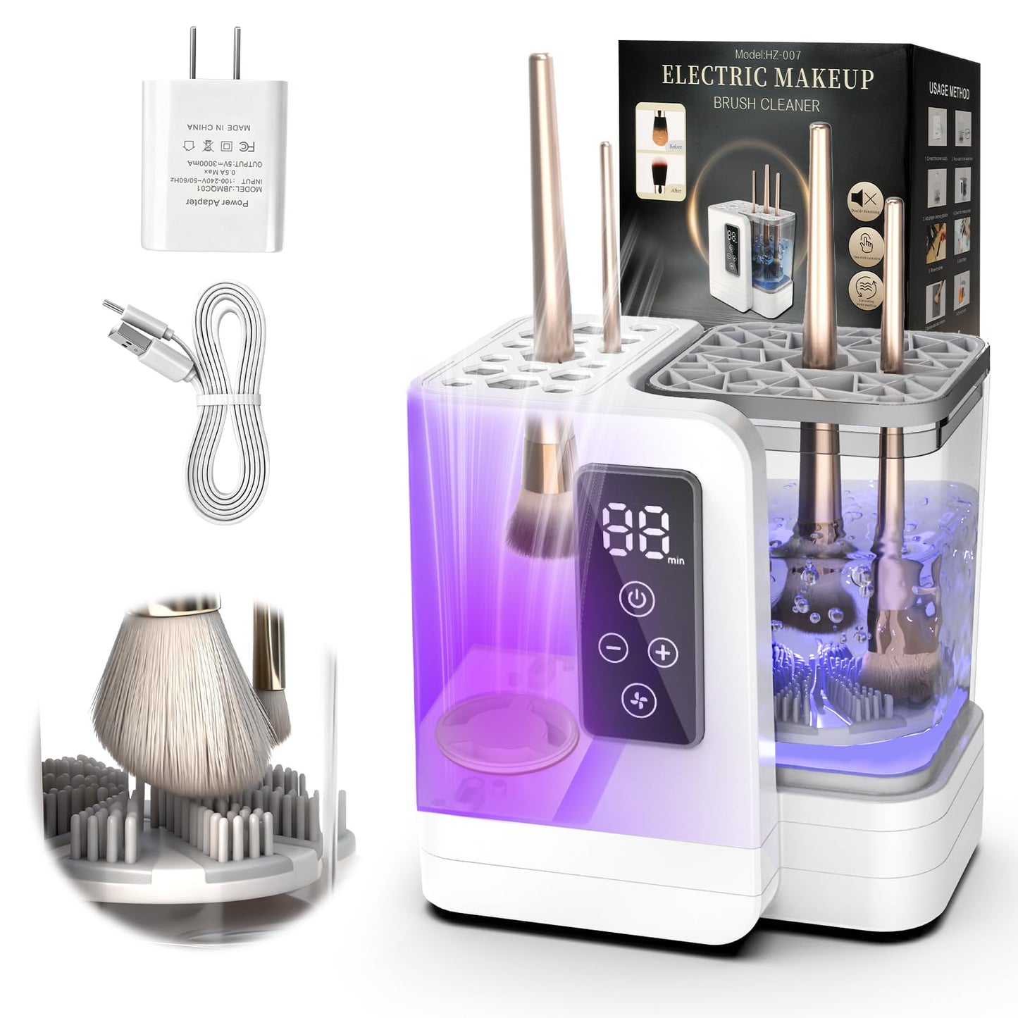 5-in-1 Electric Makeup Brush Cleaner & Dryer Machine- Portable Automatic USB Cosmetic Brushes Cleaner Tool with Deep-Clean Silicone Brush for All Size Brushes (Contour, Eyeshadow, Blush)