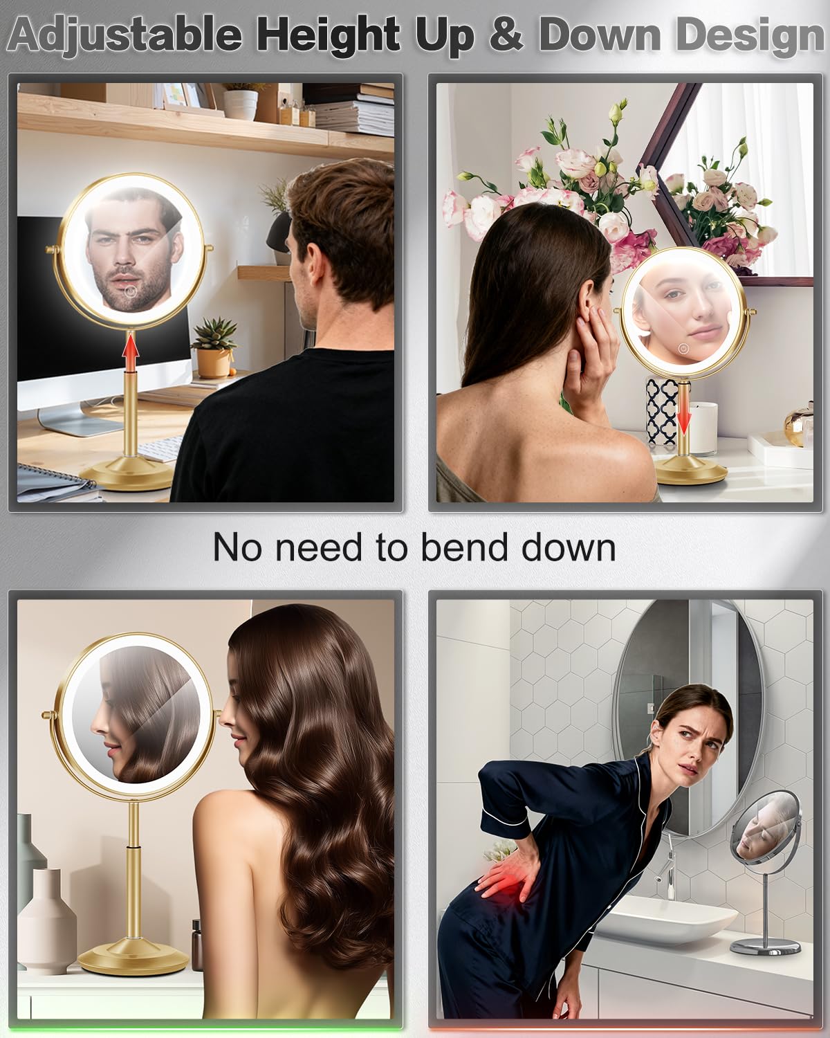 VFD 30X/1X Makeup Mirror with Lights, Height Adjustable Lighted Magnifying Vanity Mirror with 3 Lighting and Adjustable Brightness, 3000mAh Rechargeable Double Sided