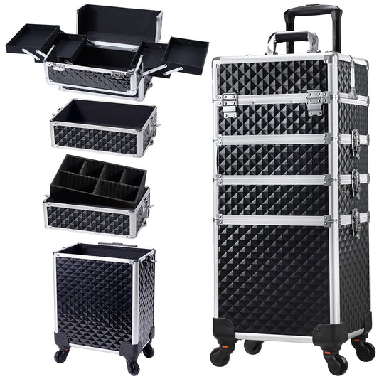 Stagiant Rolling Makeup Case Cosmetology Case on Wheels 4 in 1 Large Cosmetic Organizer Train Case Makeup Travel Case with Key Swivel Wheels Nail Artist Salon Storage Traveling Cart Trunk Black