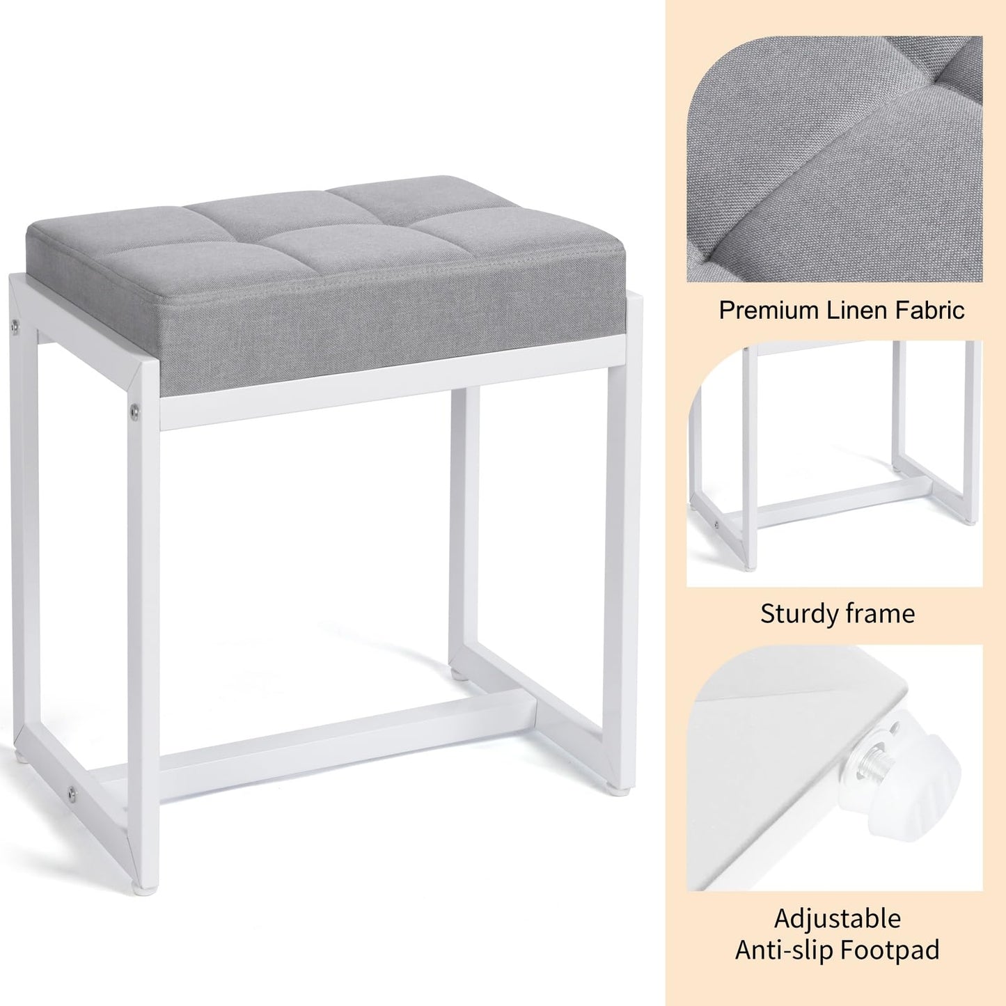 FLYZC Vanity Stool, Vanity Chair Stools for Makeup Room, Square Linen Makeup Stool for Vanity, Modern Padded Small Ottomans Foot Rest for Bedroom Living Room, Grey & White