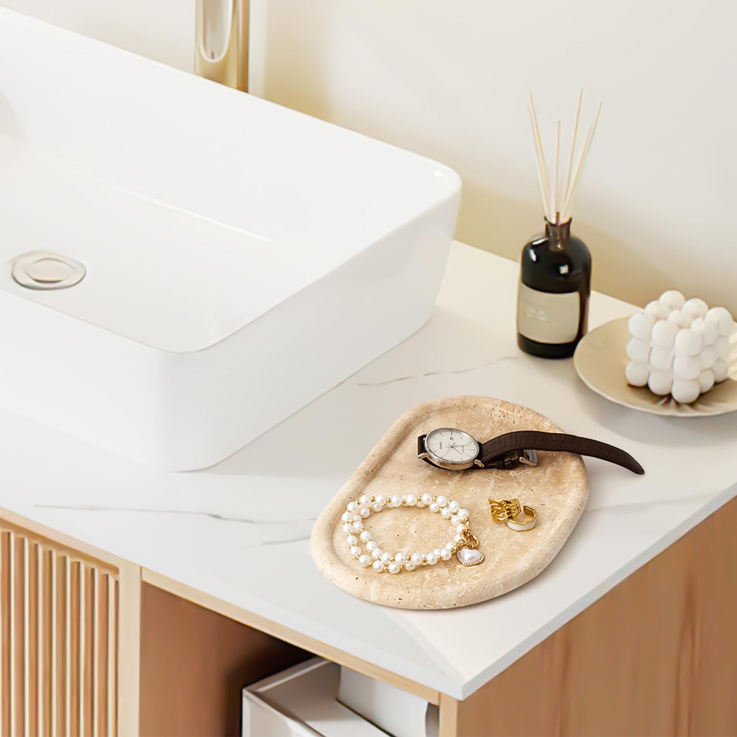 N NANSHOP Natural Travertine Tray, Special-Shaped Jewelry Tray, Marble Ring Dish for BathroomCountertop, Nightstand,Dressing Table, Bedside Table, Home Decor, Beige(Middle)(NS025)
