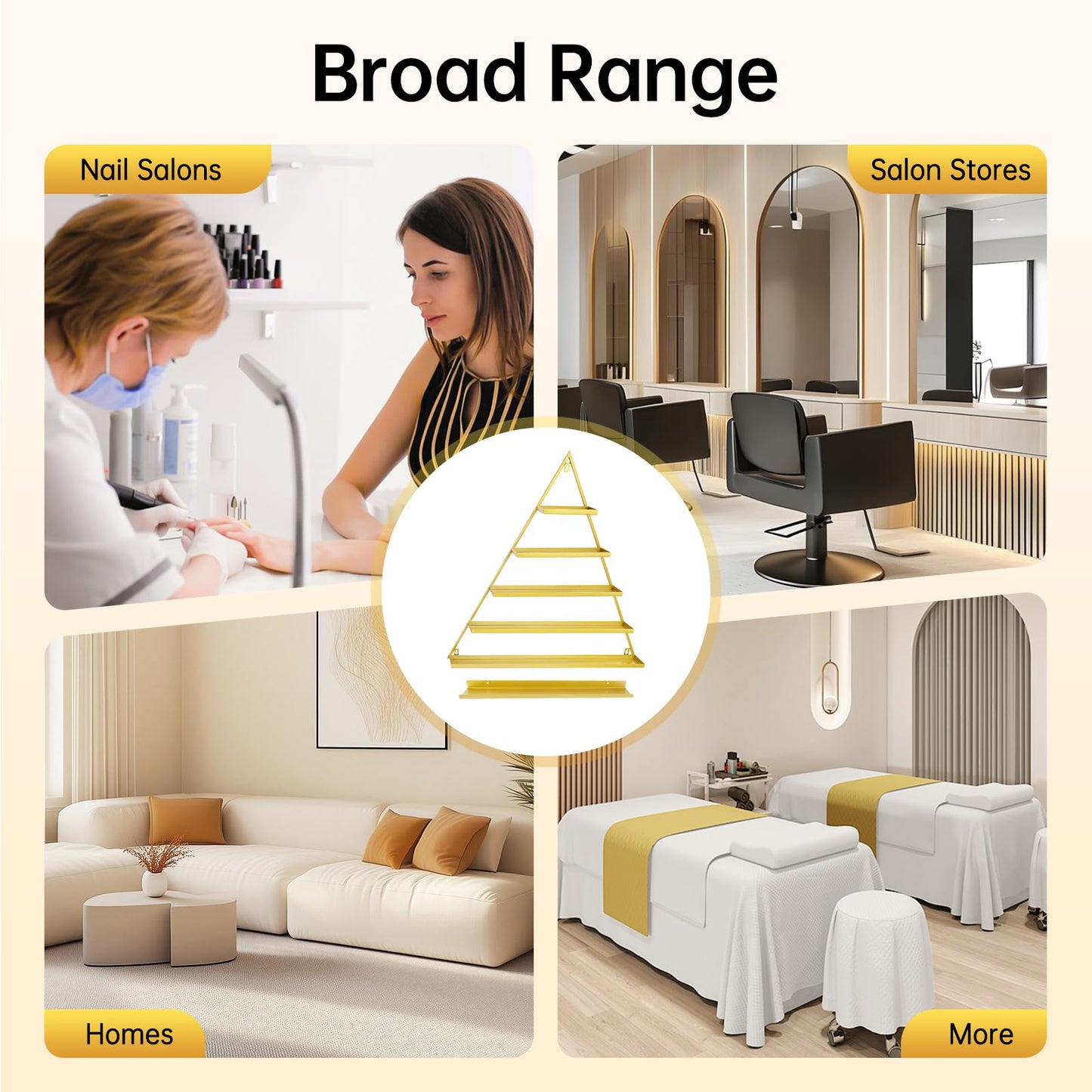InnaMall 5 Tier Wall-Mounted Nail Polish Display Rack, 6PCS Metal Triangular Nail Polish Racks Holds Up to 90 Bottles Each Triangle for Nail Salon, Cosmetics & Beauty Shop Gold
