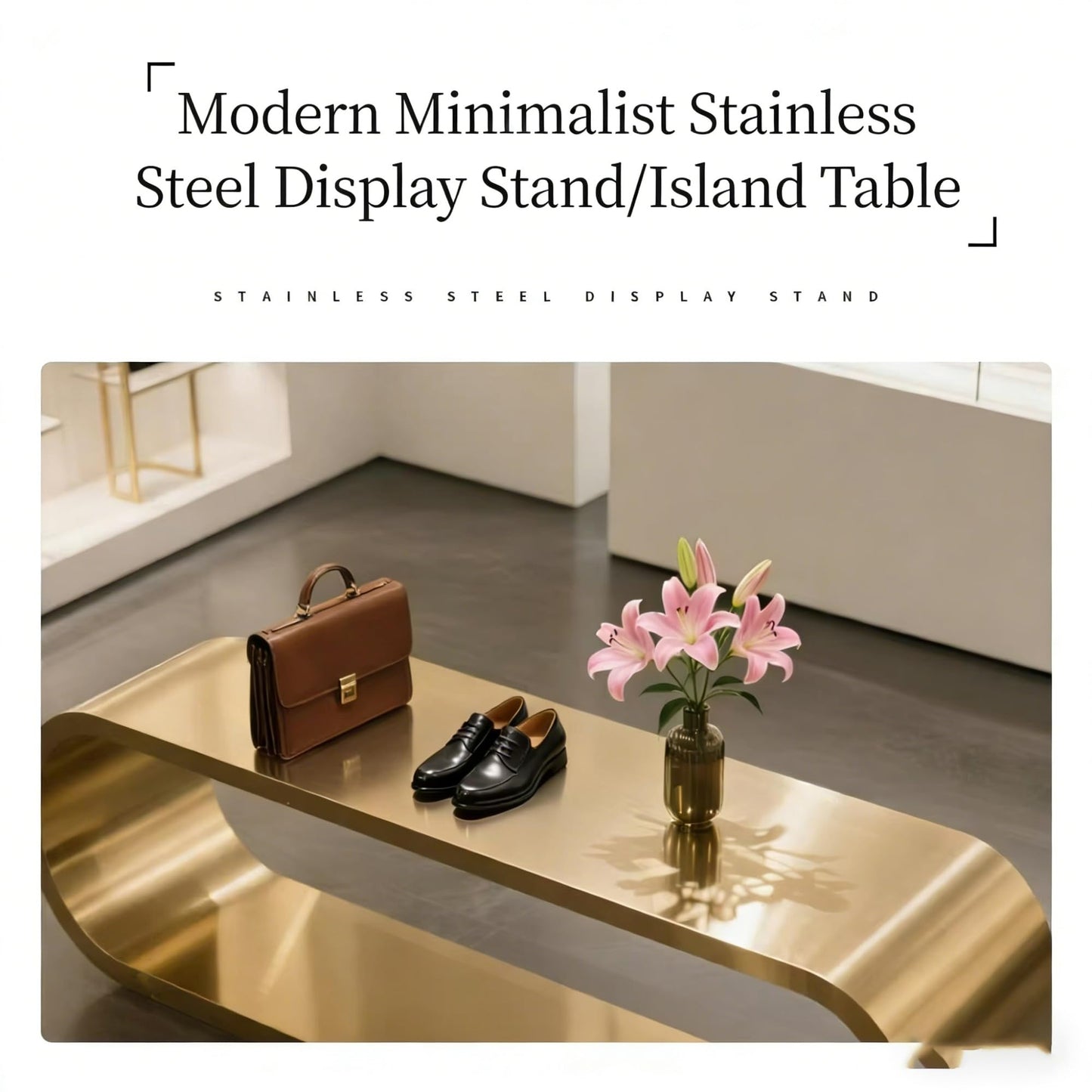 Clothing Store Luxury Stainless Steel Display Table, Modern Island Counter with Rectangle Top, Floor-Standing Storage Table for Jewelry & Accessories,(Gold,120cm*50cm)