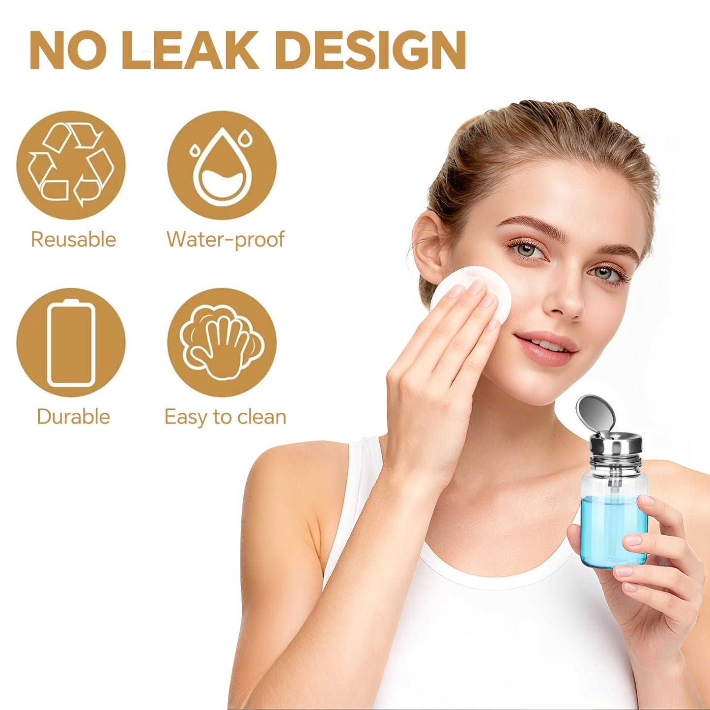2-Pack 100ml/3.38oz Clear Glass Pump Dispenser Bottle with Metal Flip Top, Nail Polish Remover/Makeup Remover Refillable Press Container, 3.98×1.97 Inch Compact Size for Home, Travel & Salon