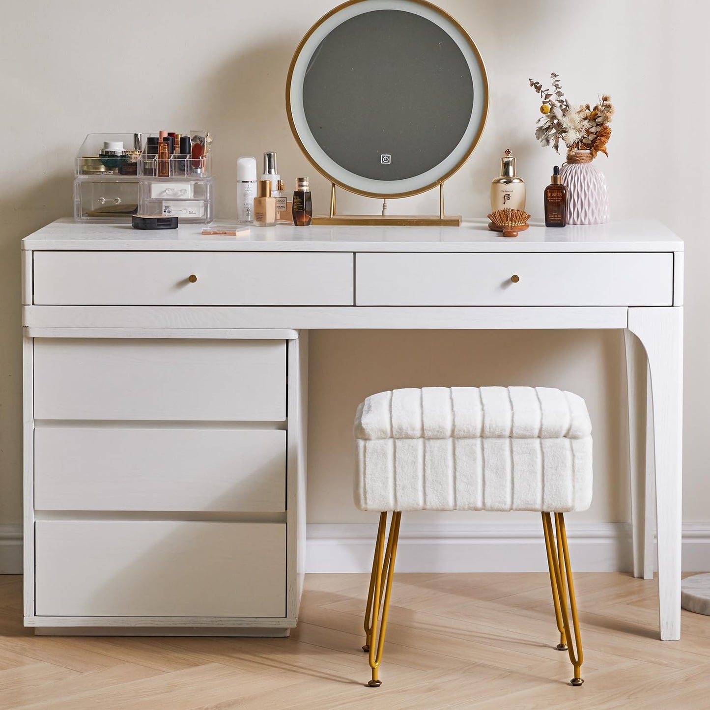 IBUYKE Vanity Chair with Storage Space, Footrest Ottoman, Small Side Table, Vanity Stool for Makeup Room, Bedroom, with Anti-Slip Feet, Faux Fur, White LG-50W