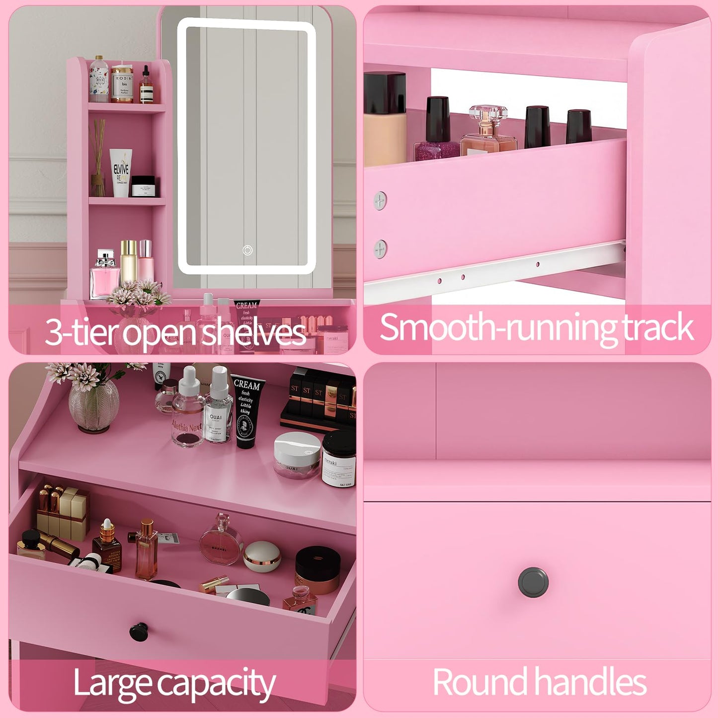 DUMOS Small Makeup Vanity Desk with LED Mirror and Storage Bench, Pink