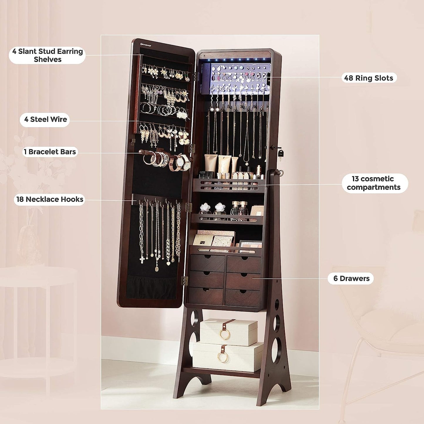 Hives and Honey Aria Free Standing Jewelry Armoire Cabinet – Lockable Full-Length Mirror with LED Lights, Velvet Storage Organizer, Walnut