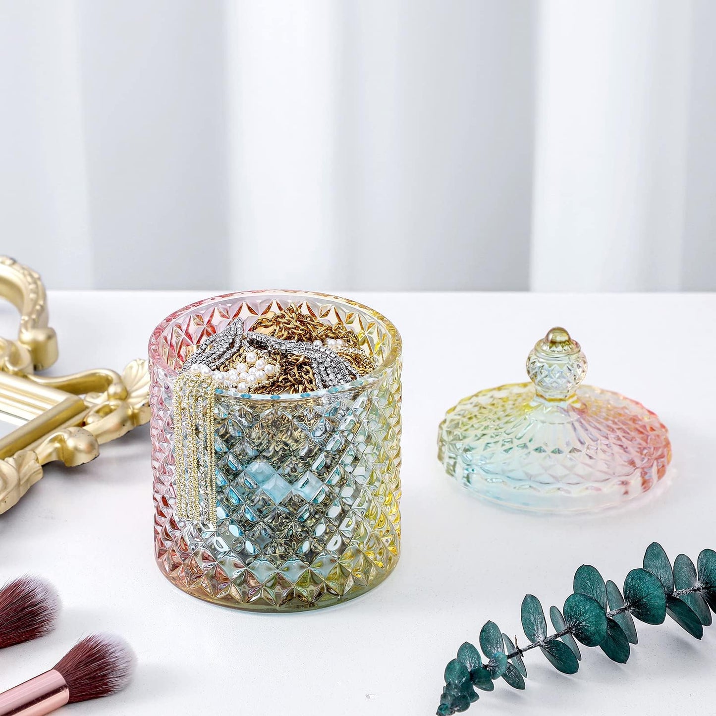 rejomiik Qtip Holder Glass Apothecary Jars with Lid Bathroom Accessories Vanity Organizers and Makeup Storage for Cotton Swabs, Makeup Sponges, Bath Salts, Canister Dispenser, 2 Pack Rainbow